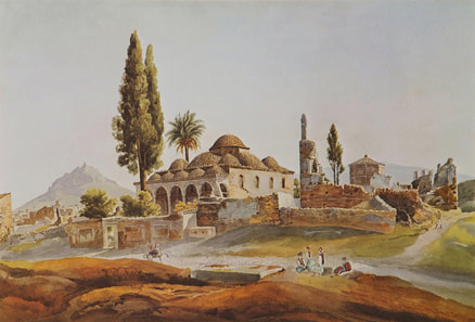 An old engraving depicting the Fetiye Mosque at the Roman Agora of Athens.